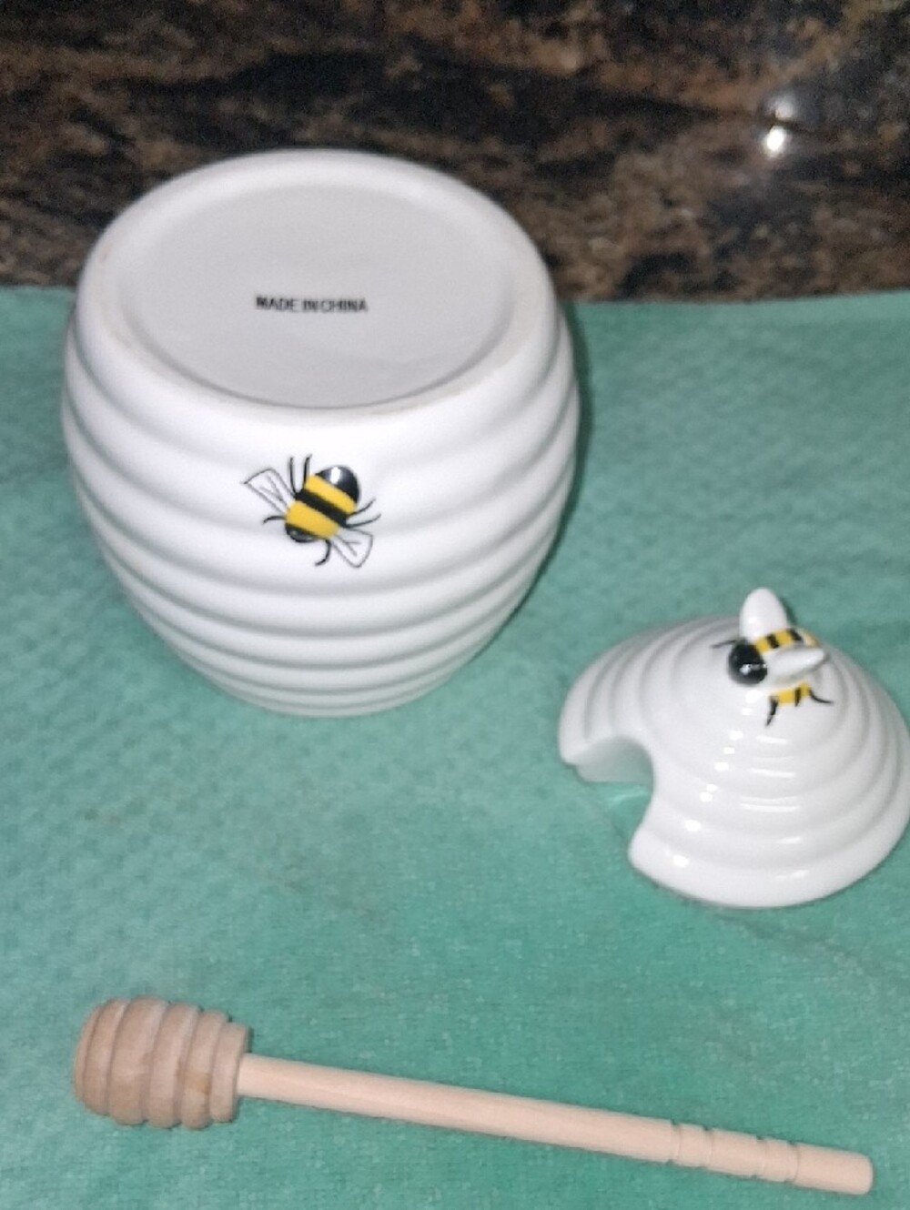 Ceramic White Bee Honey Pot with Wooden Dipper - Picture 5 of 9